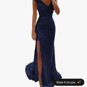 Elegant Navy Sequin Evening Gown with Slit